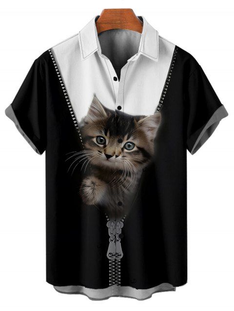 Chemise de vacances à manches courtes et boutons pour homme, décontractée, à motif chat contrasté