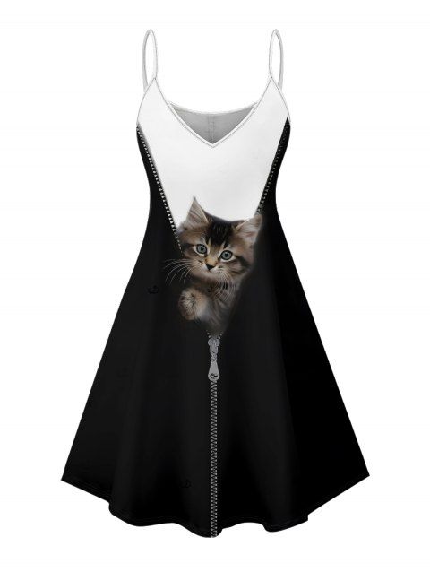 Robe de vacances à motif chat contrasté, bretelles spaghetti, col en V, coupe trapèze, mini-robe décontractée
