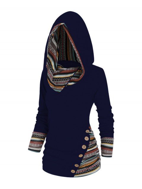 Haut en tricot à capuche et manches longues avec empiècements à rayures géométriques tribales et boutons factices