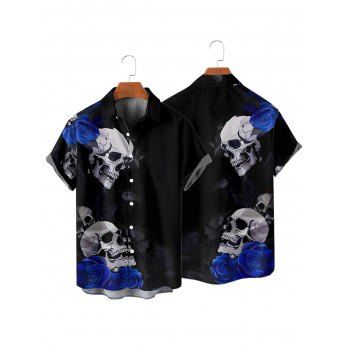 Men's Skulls Rose Floral Pattern Gothic Shirt Button Up Roll Up Short Sleeve Holiday Shirt