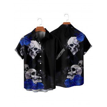 Gothic Couple Outfit Skulls Rose Floral Pattern Spaghetti Strap V Neck A Line Mini Tank Dress and Button Up Shirt Holiday Matching Outfit