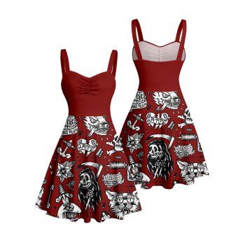 Skulls Letter Goth Style Pattern Ruched Bust Gothic Dress Sweetheart Neck A Line Mini Holiday Dress