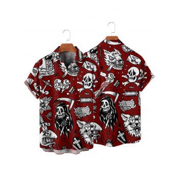 Gothic Couple Outfit Skulls Letter Goth Style Pattern Ruched Bust Sweetheart Neck A Line Mini Dress and Button Up Shirt Holiday Matching Outfit