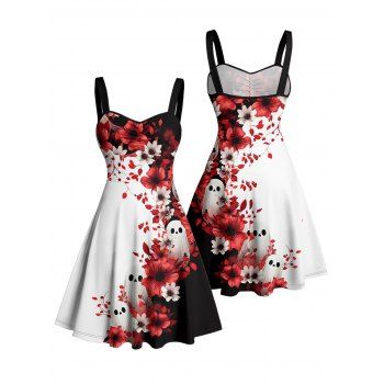Contrast Color Flower Ghost Pattern Ruched Bust Gothic Dress Sweetheart Neck A Line Mini Vacation Dress