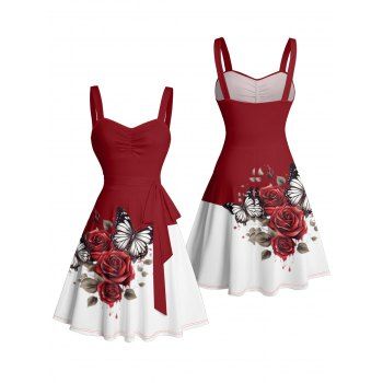Colorblock Butterfly Rose Flower Leaf Pattern Ruched Bust Belt Vacation Dress Sweetheart Neck A Line Mini Casual Dress
