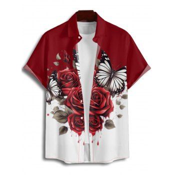 Vacation Couple Outfit Colorblock Butterfly Rose Flower Leaf Pattern Ruched Bust Belt Dress and Button Up Shirt Matching Outfit