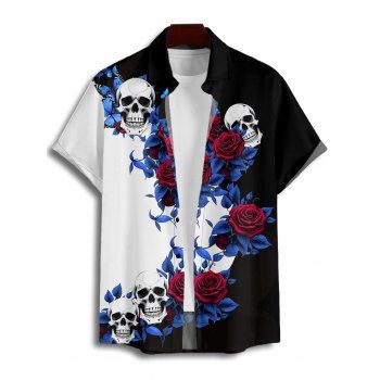 Men's Monochrome Flower Leaf Skulls Pattern Gothic Shirt Button Up Roll Up Short Sleeve Holiday Shirt
