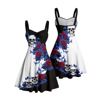 Monochrome Flower Leaf Skulls Pattern Ruched Bust Gothic Dress Sweetheart Neck A Line Mini Holiday Dress