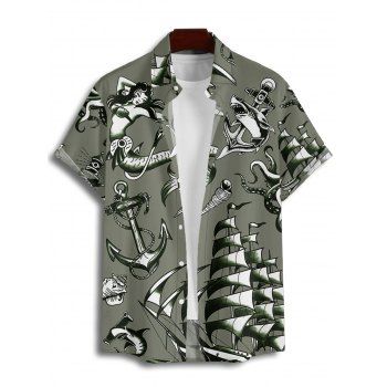 Men's Allover Mermaid Dolphin Ship Ocean Elements Pattern Vacation Shirt Button Up Roll Up Short Sleeve Casual Shirt