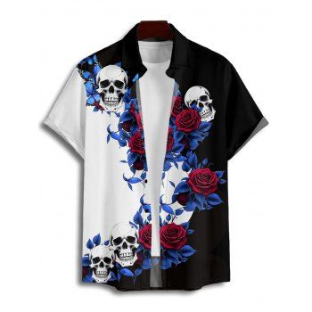 Gothic Couple Outfit Monochrome Flower Leaf Skulls Pattern Ruched Bust Sweetheart Neck Dress and Button Up Shirt Holiday Matching Outfit