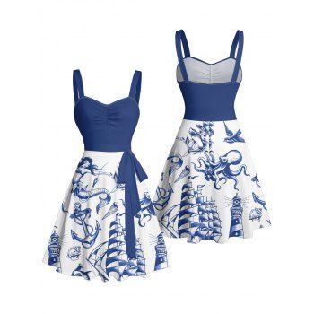 Mermaid Dolphin Ship Ocean Elements Pattern Ruched Bust Belt Vacation Dress Sweetheart Neck A Line Mini Casual Dress