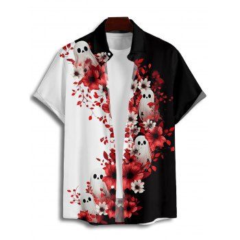 Gothic Couple Outfit Contrast Color Flower Ghost Pattern Ruched Bust Dress and Button Up Shirt Vacation Matching Outfit
