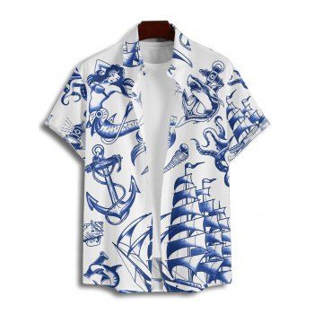 Vacation Couple Outfit Mermaid Dolphin Ship Ocean Elements Pattern Ruched Bust Belt Dress and Button Up Shirt Matching Outfit
