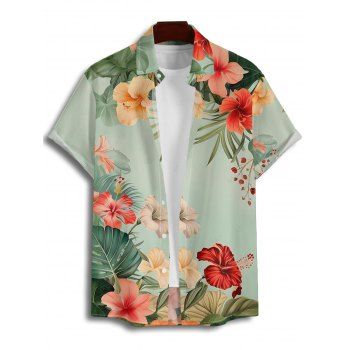 Vacation Couple Outfit Colored Flower Leaf Pattern Ruched Bust Belt Sweetheart Neck A Line Mini Dress and Button Up Shirt Matching Outfit