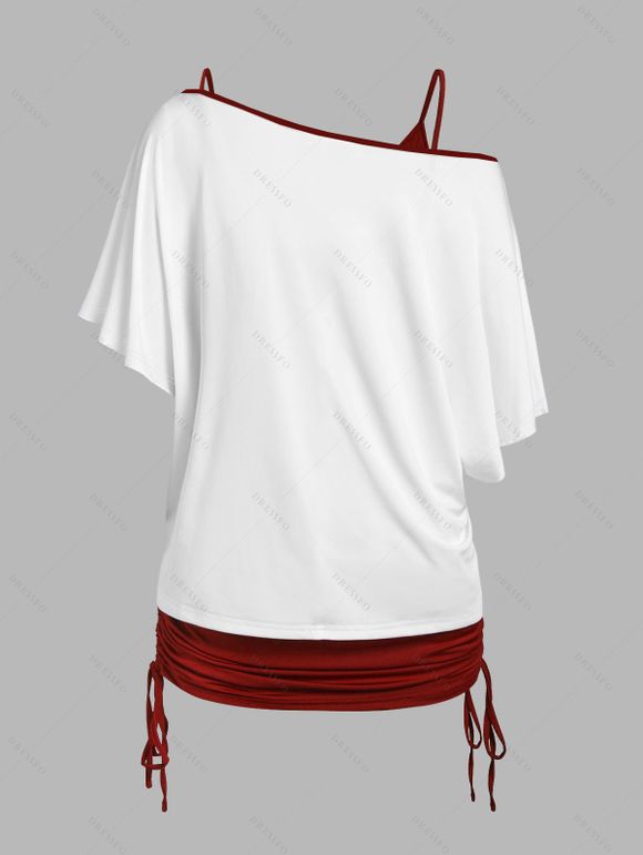 Ensemble deux pièces gothique avec haut à motif floral et tête de mort, t-shirt à col incliné et manches chauve-souris et débardeur cintré de couleur unie - Blanc XXL | US 12