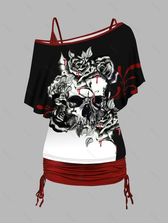 Ensemble deux pièces gothique avec haut à motif floral et tête de mort contrasté, t-shirt à manches chauve-souris et col incliné et débardeur cintré de couleur unie - Noir XXL | US 12
