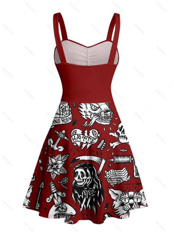 Robe gothique à col en cœur et mini-robe trapèze style gothique avec motif de crânes et lettres - Rouge foncé XXXXXL | US 20