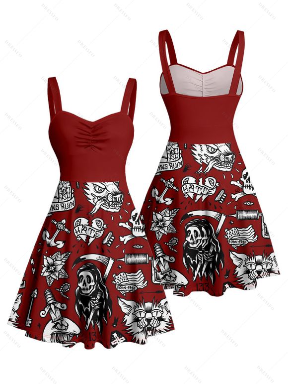 Robe gothique à col en cœur et mini-robe trapèze style gothique avec motif de crânes et lettres - Rouge foncé XXXXXL | US 20