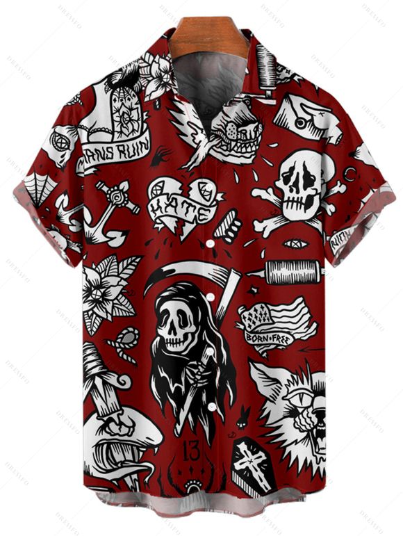 Chemise gothique à manches courtes et boutons pour homme, motif tête de mort, style gothique, style vacances - Rouge foncé 5XL