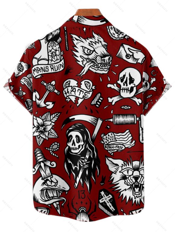 Chemise gothique à manches courtes et boutons pour homme, motif tête de mort, style gothique, style vacances - Rouge foncé 5XL