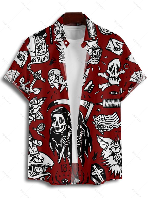 Chemise gothique à manches courtes et boutons pour homme, motif tête de mort, style gothique, style vacances - Rouge foncé 5XL