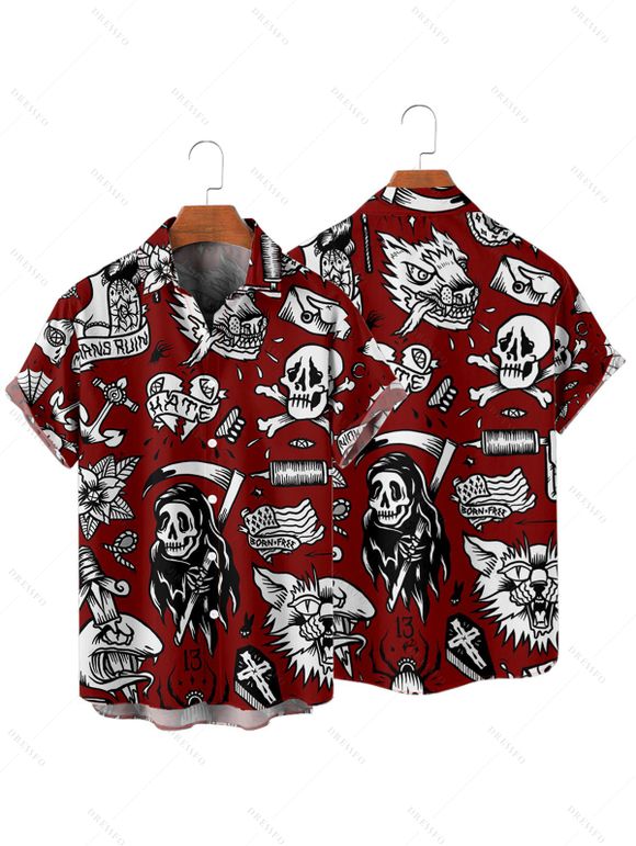 Chemise gothique à manches courtes et boutons pour homme, motif tête de mort, style gothique, style vacances - Rouge foncé 5XL