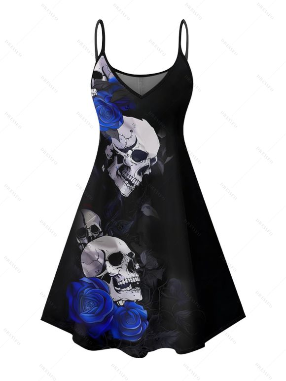 Robe gothique à motif floral et têtes de mort et roses, bretelles spaghetti, col en V, coupe trapèze, mini-robe débardeur de vacances - Noir XXXXXL | US 20