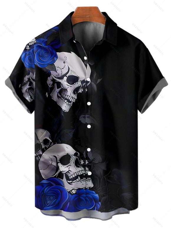 Chemise gothique à manches courtes et boutons pour homme, motif floral, tête de mort et rose, style vacances - Noir 5XL