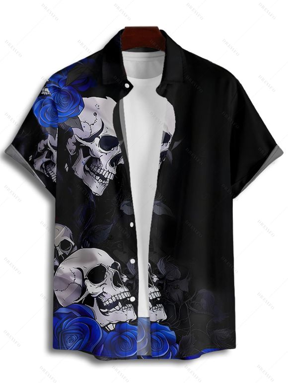 Chemise gothique à manches courtes et boutons pour homme, motif floral, tête de mort et rose, style vacances - Noir 5XL
