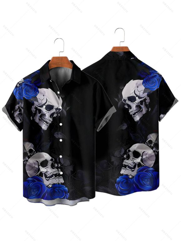Chemise gothique à manches courtes et boutons pour homme, motif floral, tête de mort et rose, style vacances - Noir 5XL