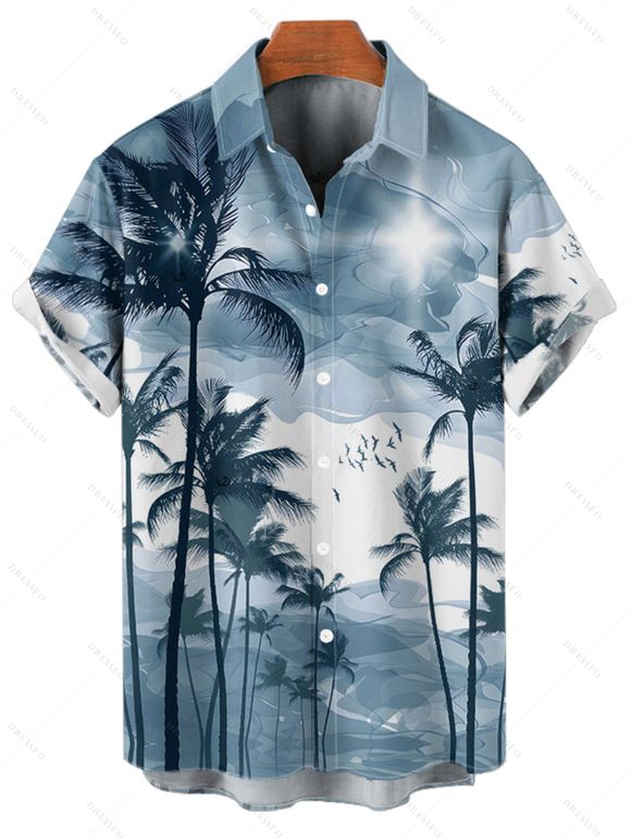 Chemise de vacances à motif palmier ombré pour homme, boutonnée, retroussée, manches courtes, pour la plage - Bleu clair 5XL