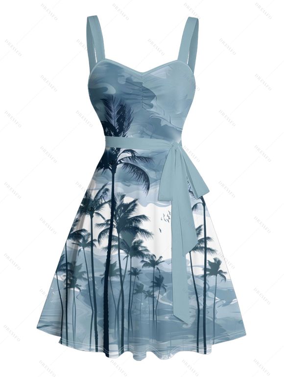 Robe de plage courte à imprimé palmier ombré, buste froncé, ceinture, décolleté en cœur, coupe trapèze - Bleu clair XXXXXL | US 20