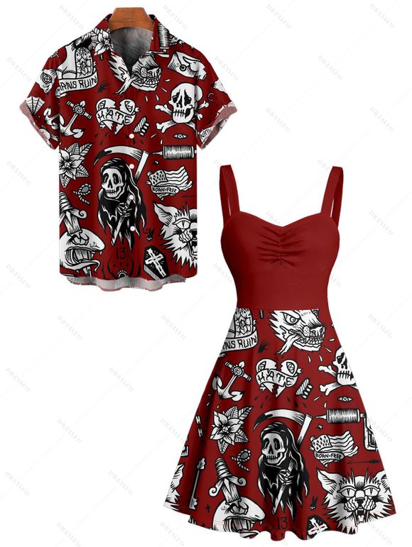 Gothic Couple Outfit Skulls Letter Goth Style Pattern Ruched Bust Sweetheart Neck A Line Mini Dress and Button Up Shirt Holiday Matching Outfit - Rouge foncé S | US 4