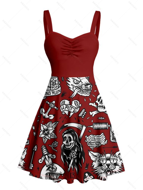 Gothic Couple Outfit Skulls Letter Goth Style Pattern Ruched Bust Sweetheart Neck A Line Mini Dress and Button Up Shirt Holiday Matching Outfit - Rouge foncé S | US 4