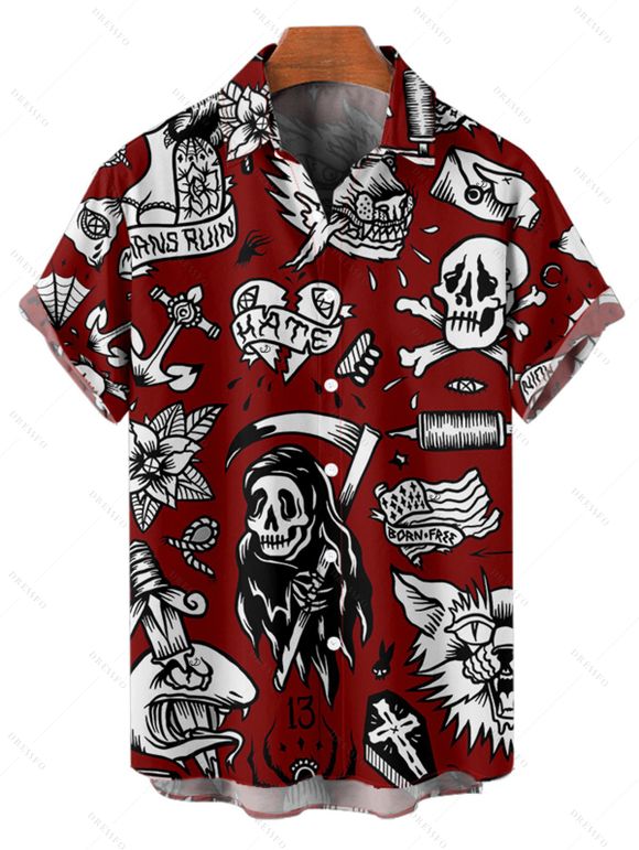 Gothic Couple Outfit Skulls Letter Goth Style Pattern Ruched Bust Sweetheart Neck A Line Mini Dress and Button Up Shirt Holiday Matching Outfit - Rouge foncé S | US 4