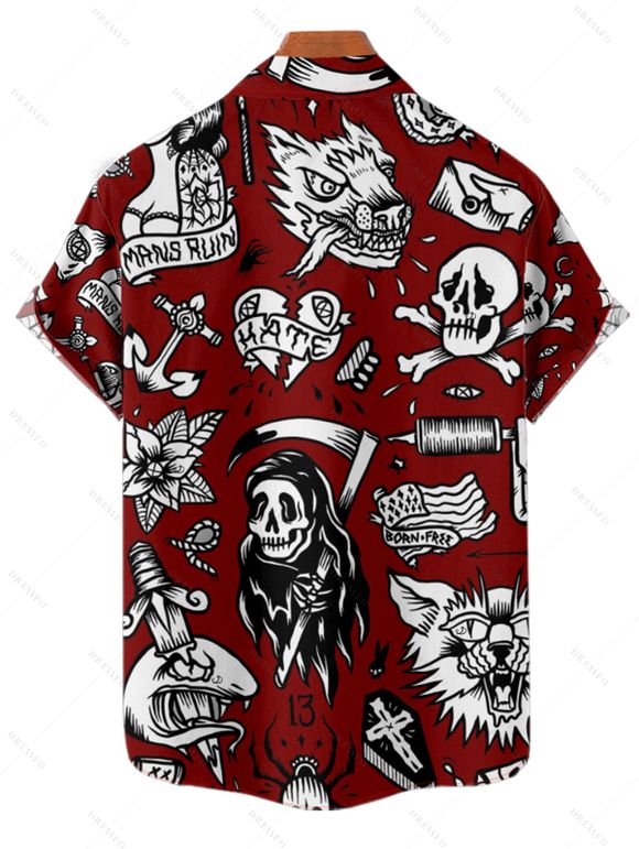 Gothic Couple Outfit Skulls Letter Goth Style Pattern Ruched Bust Sweetheart Neck A Line Mini Dress and Button Up Shirt Holiday Matching Outfit - Rouge foncé S | US 4