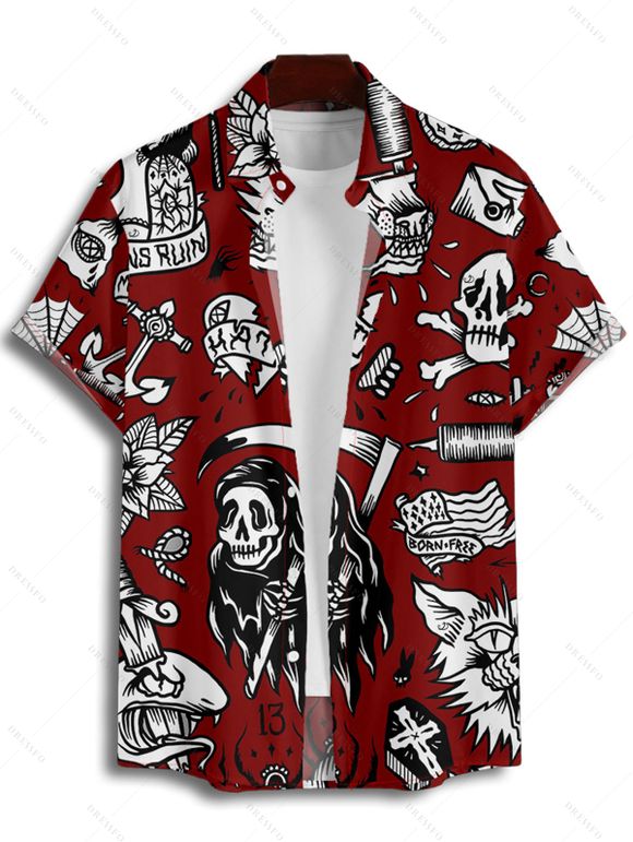 Gothic Couple Outfit Skulls Letter Goth Style Pattern Ruched Bust Sweetheart Neck A Line Mini Dress and Button Up Shirt Holiday Matching Outfit - Rouge foncé S | US 4