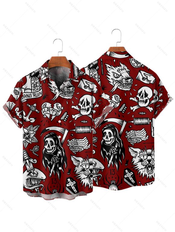 Gothic Couple Outfit Skulls Letter Goth Style Pattern Ruched Bust Sweetheart Neck A Line Mini Dress and Button Up Shirt Holiday Matching Outfit - Rouge foncé S | US 4