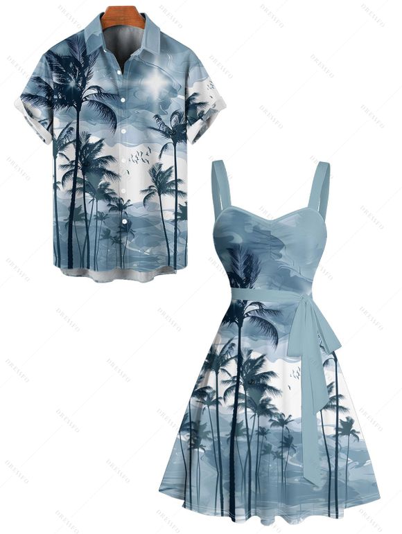 Vacation Couple Outfit Ombre Palm Tree Pattern Ruched Bust Belt Sweetheart Neck A Line Mini Dress and Button Up Shirt Beach Matching Outfit - Bleu clair S | US 4