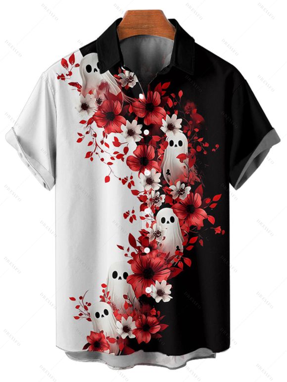 Chemise gothique à manches courtes et boutons pour homme, motif floral et fantôme, couleur contrastée, style vacances - Rouge foncé 5XL
