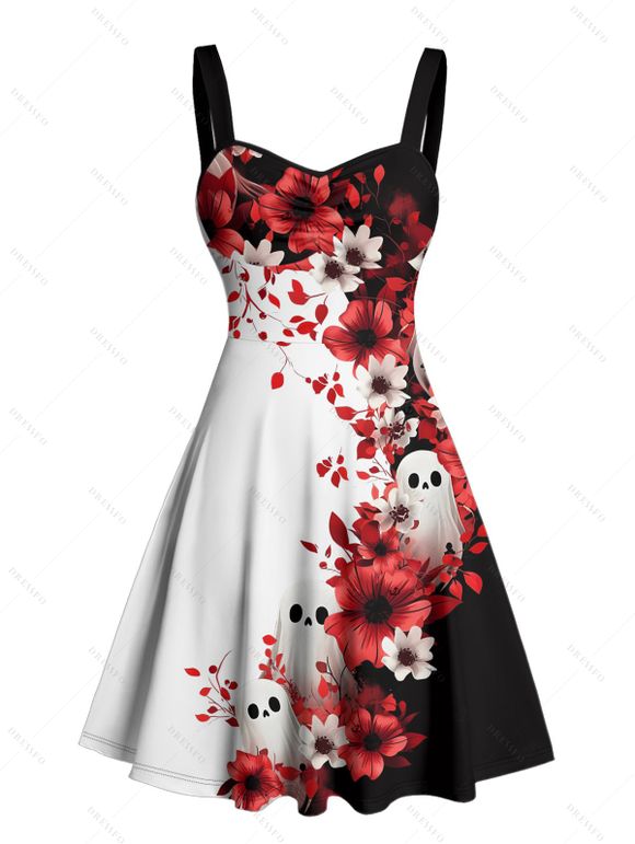 Robe gothique à col en cœur et motif floral fantôme contrasté, buste froncé, mini robe de vacances trapèze - Noir XXXXXL | US 20