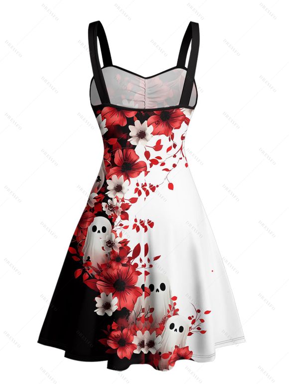 Robe gothique à col en cœur et motif floral fantôme contrasté, buste froncé, mini robe de vacances trapèze - Noir XXL | US 14