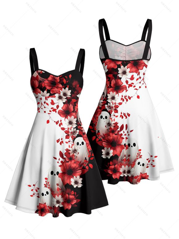 Robe gothique à col en cœur et motif floral fantôme contrasté, buste froncé, mini robe de vacances trapèze - Noir XXL | US 14