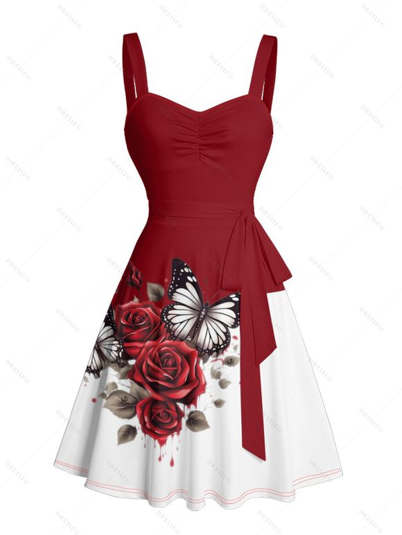 Robe de vacances à imprimé papillon, rose, fleur, feuille, buste froncé, ceinture, décolleté en cœur, coupe trapèze, mini, décontractée - Rouge foncé XXXXXL | US 20