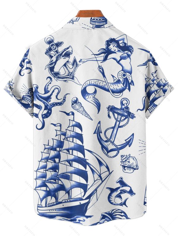 Chemise de vacances pour homme, motif sirène, dauphin, navire, éléments océaniques, boutonnée, retroussée, manches courtes, décontractée - Bleu 2XL