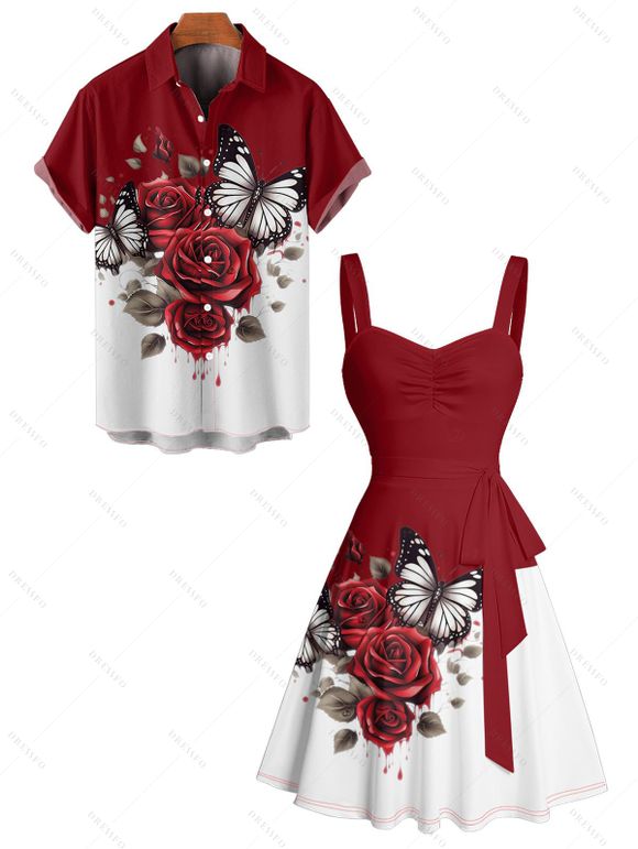 Vacation Couple Outfit Colorblock Butterfly Rose Flower Leaf Pattern Ruched Bust Belt Dress and Button Up Shirt Matching Outfit - Rouge foncé S | US 4