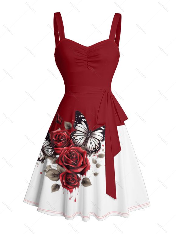 Vacation Couple Outfit Colorblock Butterfly Rose Flower Leaf Pattern Ruched Bust Belt Dress and Button Up Shirt Matching Outfit - Rouge foncé S | US 4