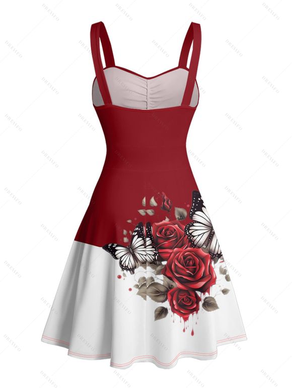 Vacation Couple Outfit Colorblock Butterfly Rose Flower Leaf Pattern Ruched Bust Belt Dress and Button Up Shirt Matching Outfit - Rouge foncé S | US 4