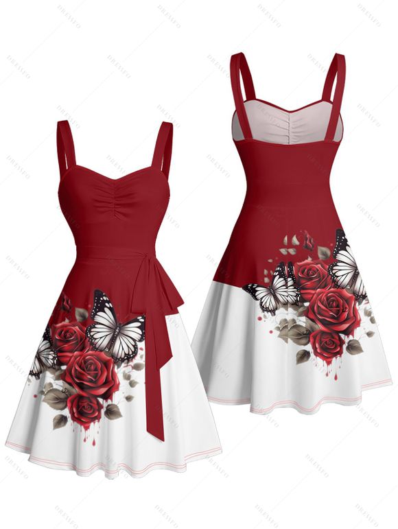 Vacation Couple Outfit Colorblock Butterfly Rose Flower Leaf Pattern Ruched Bust Belt Dress and Button Up Shirt Matching Outfit - Rouge foncé S | US 4