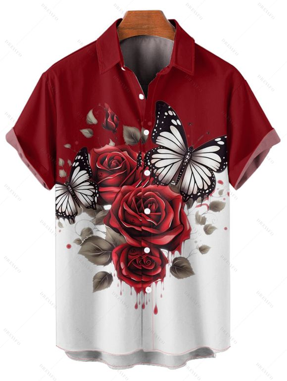 Vacation Couple Outfit Colorblock Butterfly Rose Flower Leaf Pattern Ruched Bust Belt Dress and Button Up Shirt Matching Outfit - Rouge foncé S | US 4